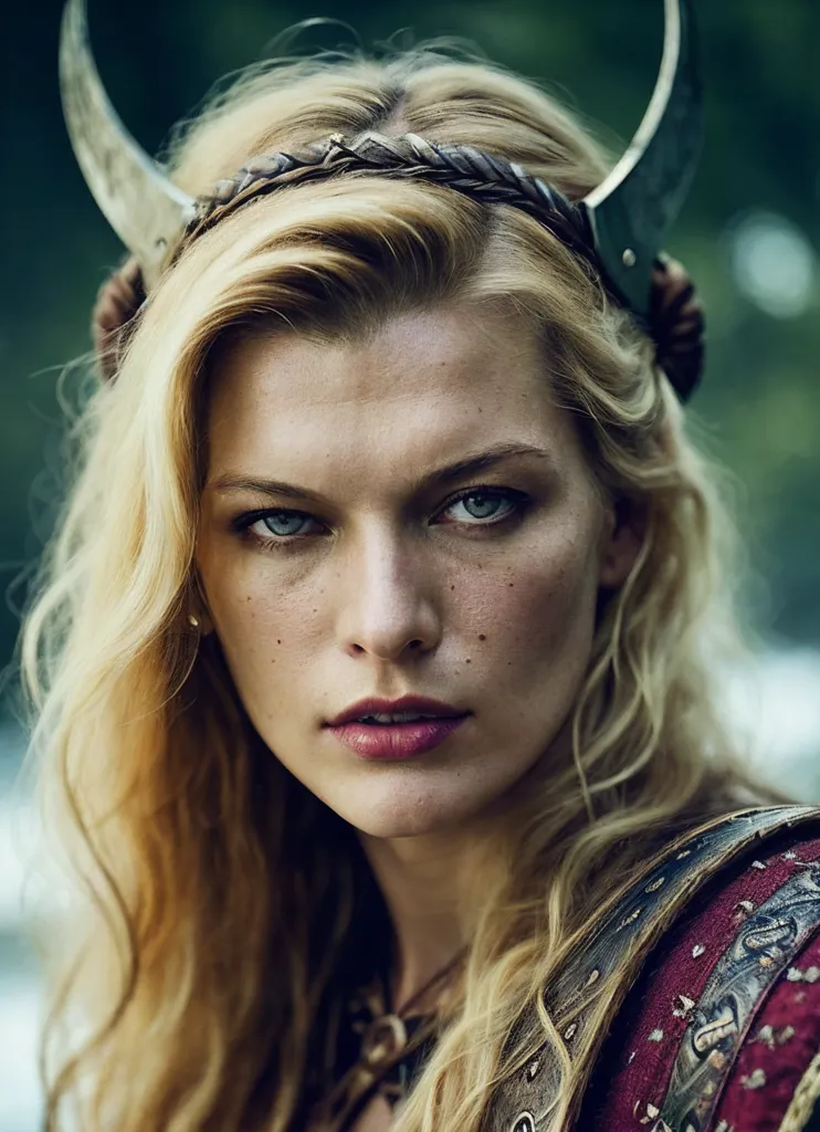 The image shows a beautiful young woman with long blonde hair and blue eyes. She is wearing a horned Viking helmet and a red and brown leather jerkin. The background is blurred, but it looks like she is standing in a forest. The woman has a serious expression on her face, and she looks like she is ready for battle.