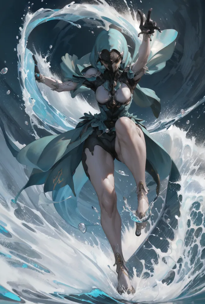 The image is a depiction of a water spirit or deity. The figure is a young woman with pale skin and long, flowing hair. She is wearing a blue and green dress with a revealing top and a long skirt. She is also wearing a pair of sandals and a necklace made of water droplets. The woman is standing on the surface of a large body of water, and she is surrounded by waves. She is holding her arms out to the sides, and she has a serene expression on her face. The image is set in a dark blue background.