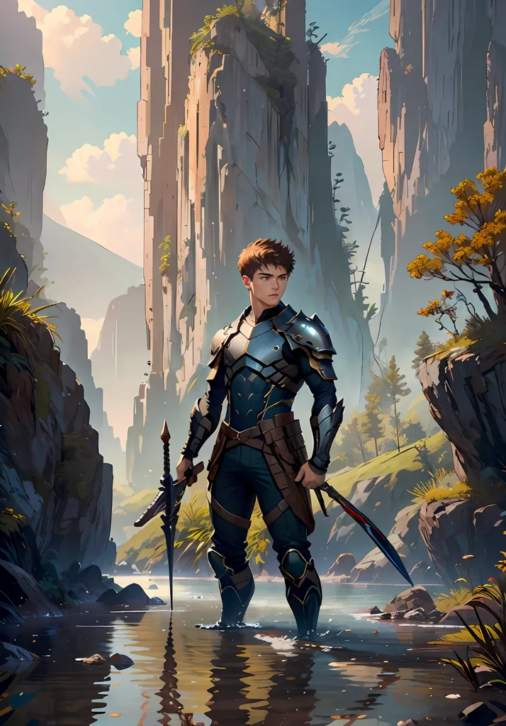 This is an image of a person standing in a river. The person is wearing blue and gray armor and has a sword in each hand. The background is a mountain landscape with large cliffs and a blue sky. The person is standing in the middle of the river, with water up to their knees. The cliffs in the background are very tall and steep, and the sky is clear with a few clouds.