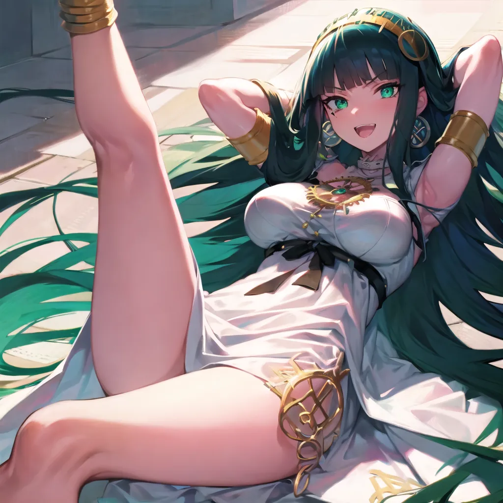 The image is of a beautiful woman with long green hair and green eyes. She is wearing a white dress with a gold belt and has gold bracelets on her arms and legs. She is lying on the ground with her legs in the air and her arms behind her head. She has a smile on her face and looks relaxed and happy.