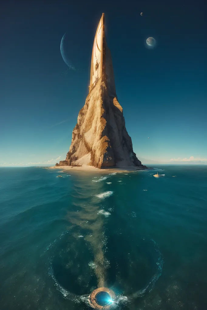 The image is a digital painting of a large, rocky island in the middle of a vast ocean. The island is very tall and has a flat top, almost like a table. The sides of the island are sheer cliffs that drop down into the ocean. There are two moons in the sky, one on either side of the island. The water is very calm and there are no waves. There is a small boat on the water near the island.