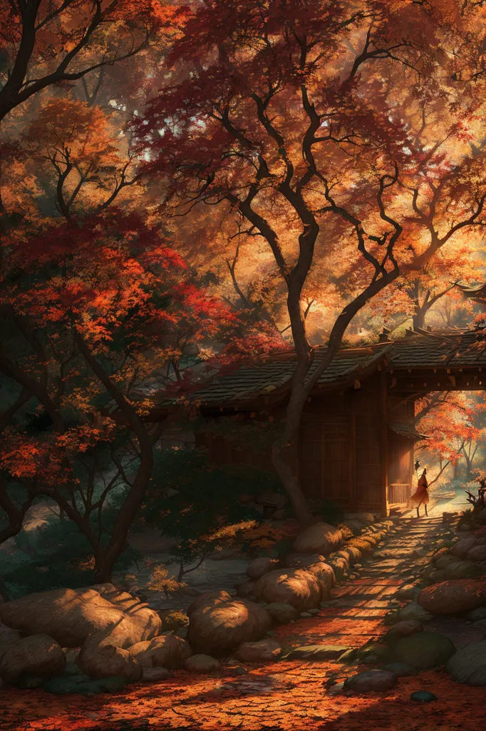 The image is a beautiful landscape of a forest in the fall. The trees are tall and majestic, and their leaves are a vibrant red, orange, and yellow. The forest is dense, and the sunlight filters through the trees, creating a dappled pattern on the ground. There is a small bridge in the foreground, and a stone path leads into the forest. A traditional Japanese house is nestled among the trees. The house is made of wood and has a thatched roof. The image is peaceful and serene, and it captures the beauty of the fall season.