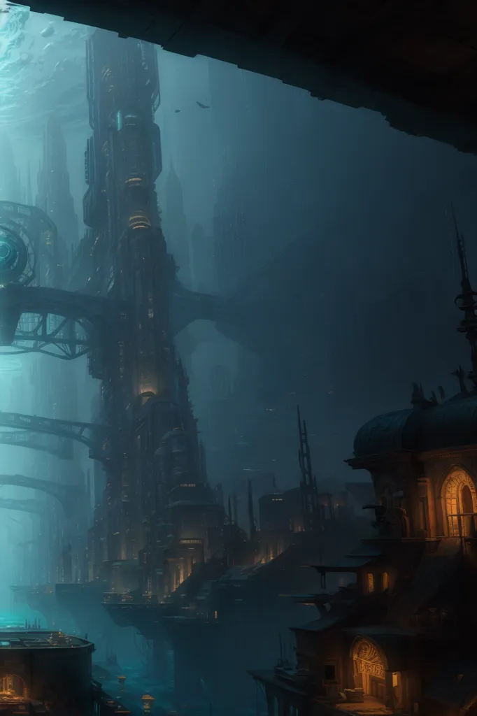 The image is a dark and mysterious city. It is built on a series of platforms that are connected by bridges and walkways. The buildings are tall and narrow, and they are made of a dark material that looks like metal or stone. The city is lit by a few scattered lanterns, and there is a faint glow coming from the windows of the buildings. The water is a deep blue color, and it is unclear what lies beneath the surface. There are a few boats docked at the edge of the city, and there are some people walking around on the platforms. The city has a very eerie atmosphere, and it is clear that it is not a place that would be safe to visit.