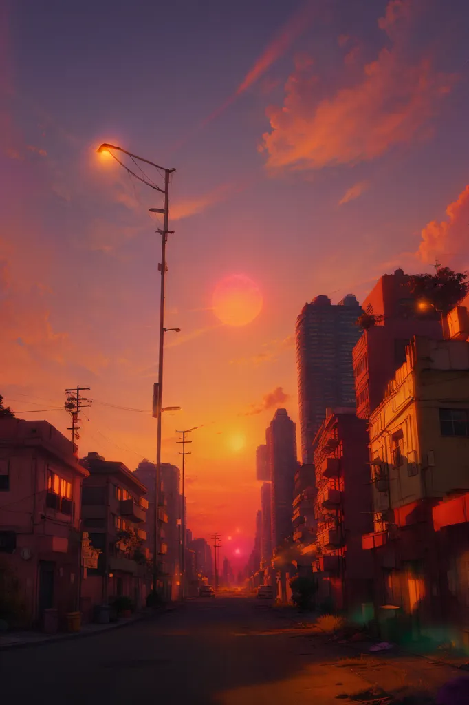 The image is a street scene in an urban city. The time of day is sunset, and the sky is a gradient of orange, pink, and yellow. The street is lit by a few streetlights, and the buildings are mostly in shadow. There are a few trees on either side of the street. The street is empty, except for a few parked cars. The image is in a realistic style, and the details are well-rendered.