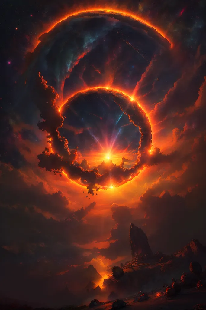 A imagem é uma representação de um evento celeste. Há dois grandes orbes brilhantes no céu. O que está em primeiro plano é laranja e o que está atrás dele é azul. Há nuvens em torno dos orbes e também algumas estrelas no fundo. Os orbes estão lançando um brilho sobre a paisagem abaixo. Há algumas montanhas em primeiro plano e elas também estão brilhando com a luz dos orbes.