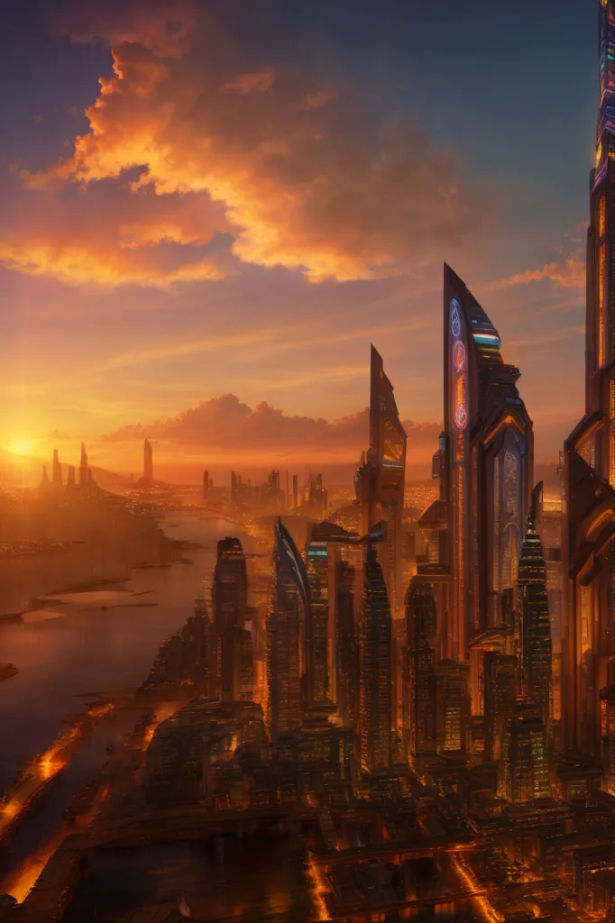 The image shows a futuristic city at sunset. The sky is ablaze with color, and the city is bathed in its warm glow. The buildings are tall and sleek, and they are all lit up. The city is divided by a river, and there are bridges spanning the river. There are also several flying cars in the sky. The image is very detailed, and it gives a good sense of what a futuristic city might look like.