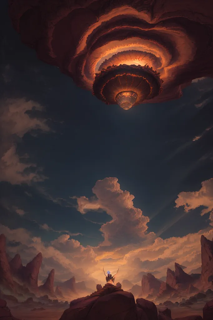 The image is a painting of a desert landscape with a large, glowing, ring-shaped object hovering in the sky. The object is surrounded by clouds and appears to be casting a light over the desert. The painting is done in a realistic style and the colors are vibrant and saturated. The image is full of mystery and wonder, and it leaves the viewer wondering what the object is and what it is doing in the desert.