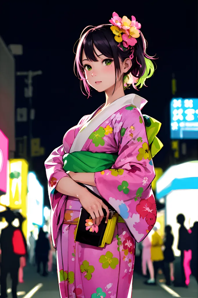 The image shows a young woman, with mid-length dark hair and green eyes, wearing a pink kimono with a floral pattern and a green obi. The kimono is tied with a large pink bow at the back. She has a small yellow purse with a pink flower on it in her hands. There are people and city lights in the background.