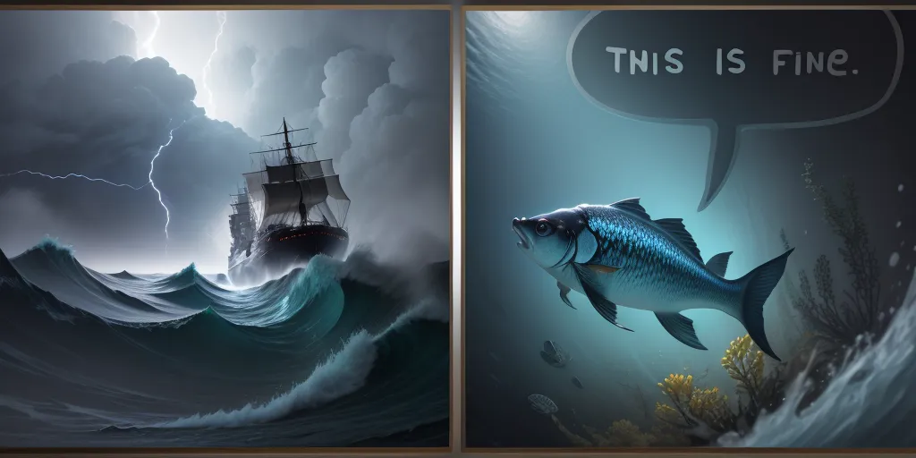 The image is a diptych, or a two-panel painting. The left panel shows a stormy sea with a ship being tossed by the waves. The right panel shows a fish swimming in the sea, with a speech bubble saying "This is fine." The fish is surrounded by coral and other sea life.

The painting is done in a realistic style, and the colors are muted and dark. The stormy sea is depicted in shades of gray and blue, and the fish is a dark blue. The coral and other sea life are depicted in shades of green and yellow.

The painting is likely meant to be a commentary on the human condition. The ship is a symbol of human civilization, and the storm is a symbol of the challenges that humans face. The fish is a symbol of resilience and hope. The painting suggests that even in the midst of chaos and uncertainty, there is always hope for survival.