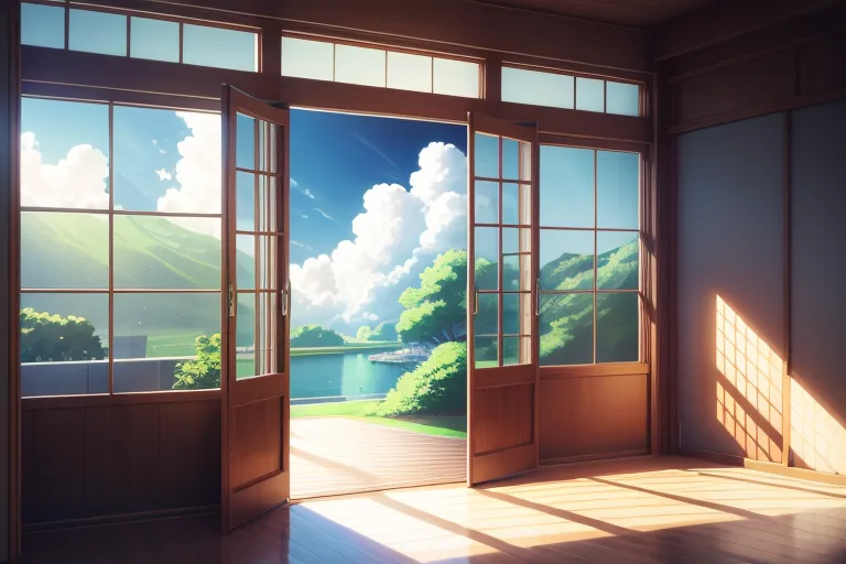 La imagen es una vista de una casa japonesa con una puerta shoji abierta. La puerta shoji es una puerta tradicional japonesa hecha de papel translúcido y madera. La puerta está abierta y la vista exterior es de un lago rodeado de montañas. El cielo es azul y hay algunas nubes. La imagen es tranquila y