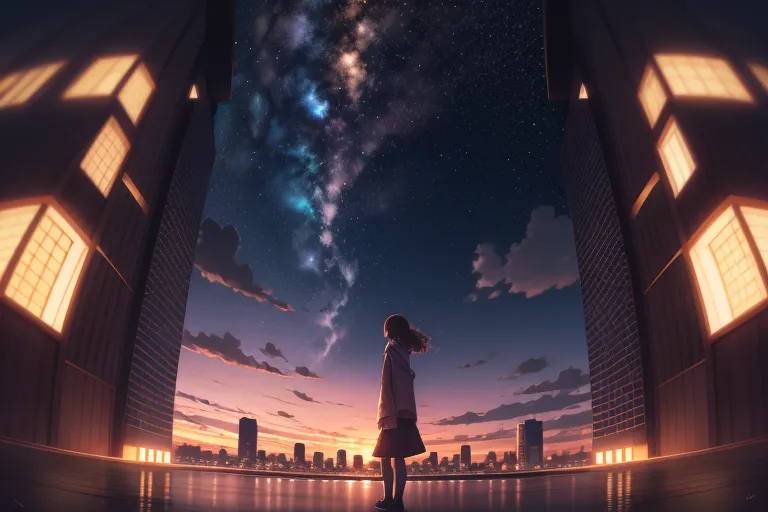 この画像は、都市の屋上に立つ少女の夜景です。彼女は星空を見上げ、感嘆しています。都市の明かりが遠くに瞬めいています。少女は白いシャツ、黒いスカート、黒いジャケットを着ています。彼女は長い茶髪と茶色の瞳を持っています。この画像は穏やかで静謐であり、夜空の美しさを捉えています。