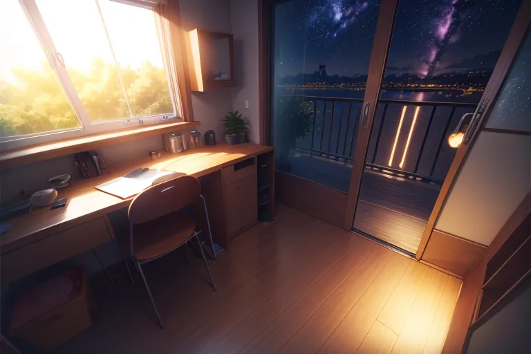 The image is a digital painting of a room in an apartment. The room is lit by the setting sun, which is streaming in through a large window. There is a desk in the foreground, with a chair, a lamp, and some books on it. A door to a balcony is open. There is a view of a city in the distance. The sky is a deep blue, and there are stars twinkling in the distance. The image is peaceful and relaxing.