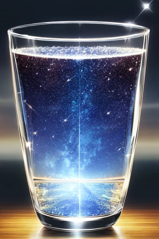 The image is a glass filled with a dark blue liquid. The liquid is not water, but rather a representation of the night sky. The glass is sitting on a wooden table, and there is a light shining from the top of the glass. The light is reflecting off the surface of the liquid, and it is also creating a reflection of the night sky on the table. The night sky is full of stars, and there is a bright white light in the center of the sky. The light is surrounded by a dark blue aura.