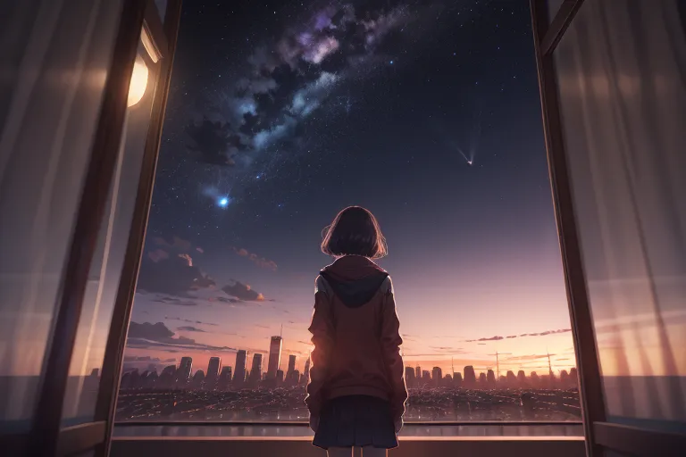 The image is of a girl standing in front of a window, looking out at a city night sky. The sky is dark and full of stars, with a few clouds floating by. The girl is wearing a red hoodie and a short skirt. Her hair is short and brown. She is standing with her hands on the railing of the balcony, looking out at the city below. The city is full of tall buildings and lights. The image is peaceful and serene, and it captures the beauty of the night sky.