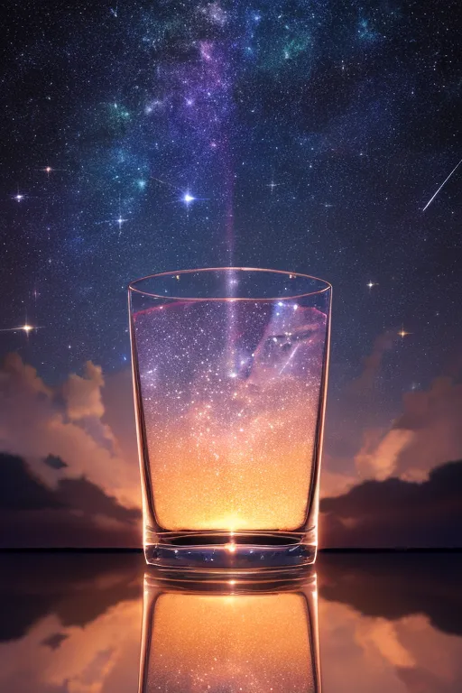 L'image est une peinture numérique d'un verre à moitié rempli d'un ciel étoilé de nuit. Le verre est posé sur une surface réfléchissante avec une étoile filante en arrière-plan. Les couleurs de la peinture sont vives et saturées, et les étoiles sont brillantes et nombreuses. La peinture a un caractère surréaliste et onirique, et semble capturer la beauté et la splendeur du ciel nocturne.