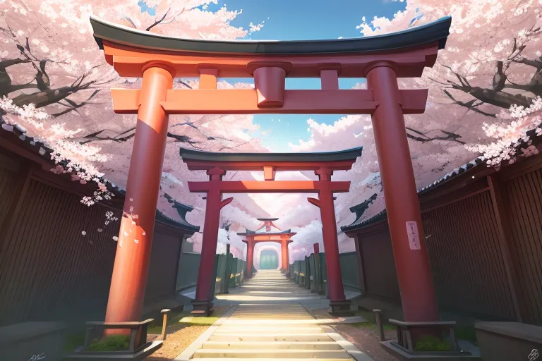 The image is a beautiful depiction of a traditional Japanese shrine. The shrine is surrounded by cherry blossom trees, which are in full bloom. The shrine is made of wood and has a red roof. There are several torii gates leading up to the shrine. The gates are made of wood and have a red roof. The path leading up to the shrine is made of stone and is lined with cherry blossom trees. There are several stone lanterns along the path. The shrine is located in a forest and there are mountains in the background. The image is peaceful and serene.