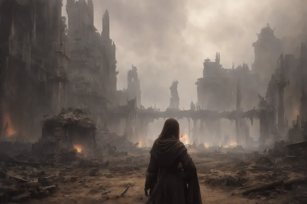 The image is of a ruined city. The city is in ruins, with broken buildings and rubble everywhere. There are no people visible in the image. The sky is dark and cloudy. There is a light fog over the city. The image is post-apocalyptic and conveys a sense of desolation and abandonment.