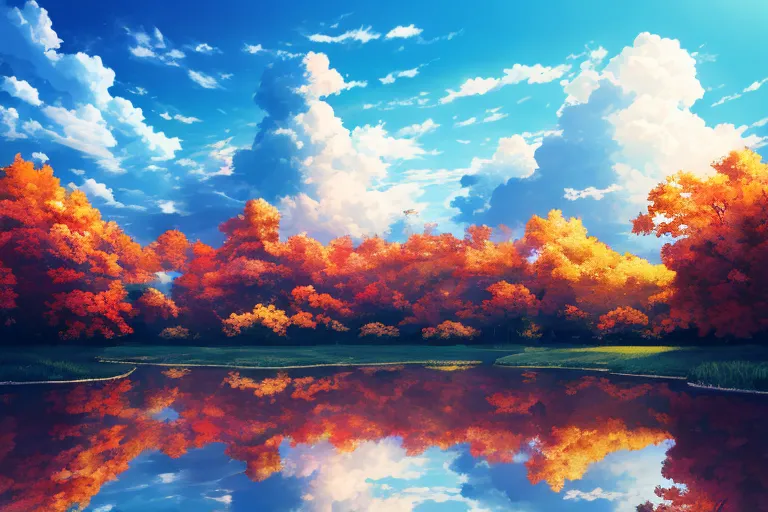 The image is of a beautiful autumn landscape. The sky is a clear blue with fluffy white clouds. The trees are in full fall foliage, with their leaves turning a brilliant red, orange, and yellow. The leaves are reflected in the still water of the lake below, creating a perfect mirror image. The scene is peaceful and serene, and it captures the beauty of autumn in all its glory.