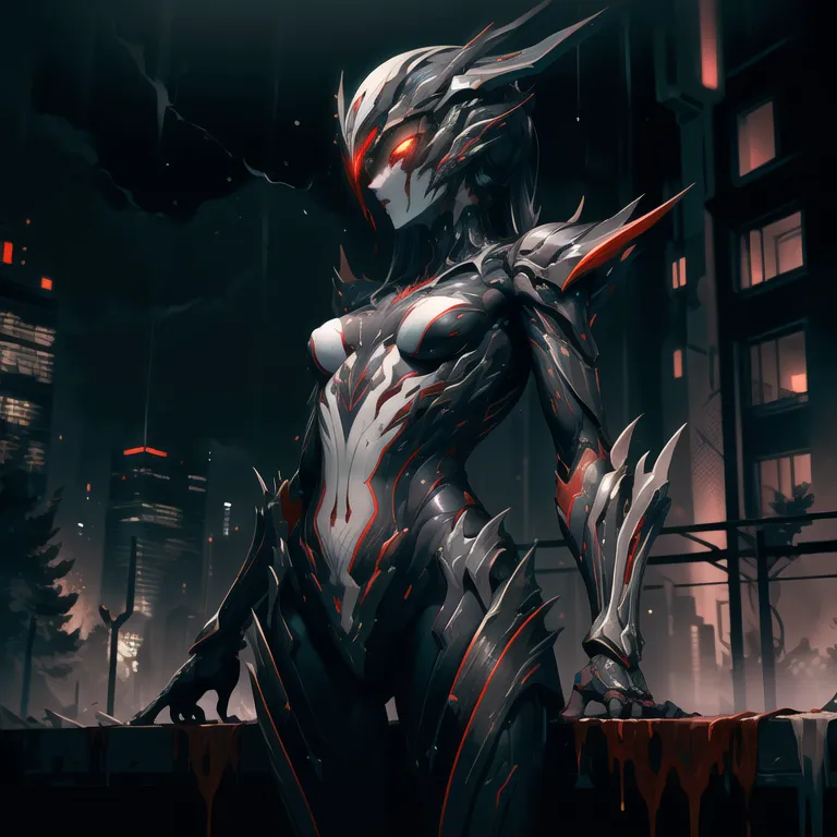 The image is a dark and futuristic cityscape. A woman is standing on a rooftop, looking out over the city. She is wearing a black and red bodysuit that covers her entire body. The bodysuit has a number of sharp edges and points, and it gives her a very menacing appearance. The woman's eyes are glowing red, and she has a small red light on her forehead. She is also wearing a pair of black boots with high heels. The city is in ruins, and there are several large fires burning. The sky is dark and cloudy, and it looks like it is about to rain.