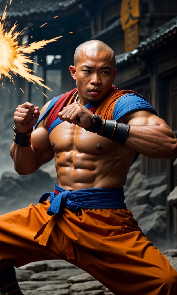 The image shows a muscular man in a fighting stance. He is wearing a blue and orange outfit and has a bald head. He is surrounded by rubble and debris, and there is an explosion in the background. The man's fists are clenched and he has a determined look on his face. He is ready to fight.