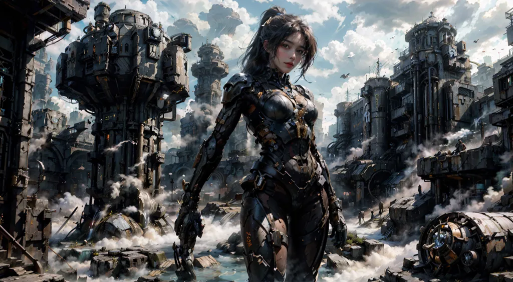 This is an image of a woman standing in a ruined city. The woman is wearing a black and gray bodysuit with a ponytail. The city is in ruins, with large buildings and structures destroyed and overgrown with plants. The sky is cloudy and there is a river running through the city.