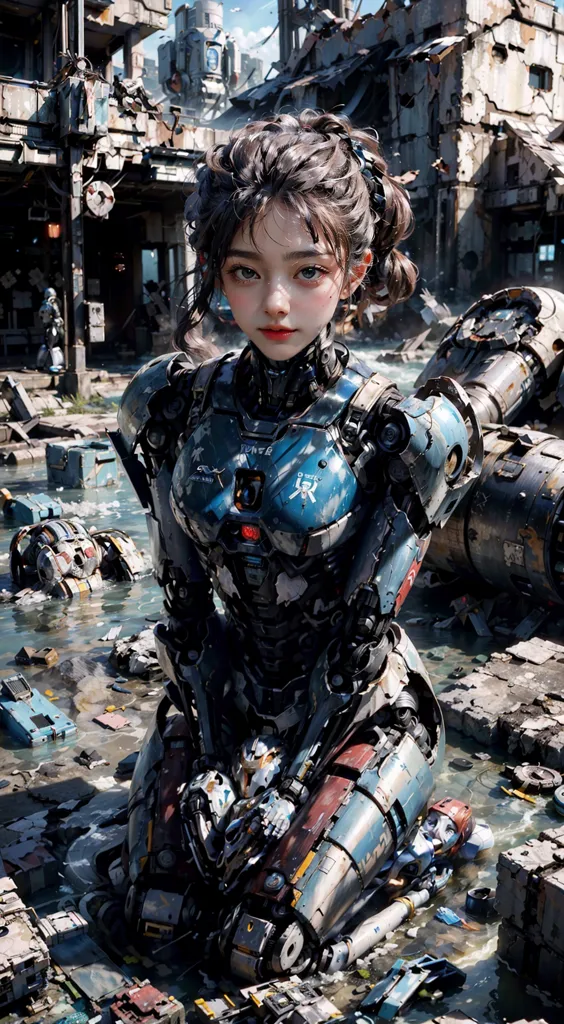 The image is of a young woman with brown hair and blue eyes. She is wearing a blue and gray bodysuit with a white collar. She is also wearing a pair of goggles and a backpack. She is kneeling in a scrapyard, surrounded by scrap metal and debris. There are several large buildings in the background. The image is post-apocalyptic and conveys a sense of loneliness and isolation.