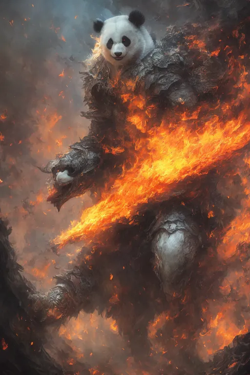 The image shows a giant panda standing in a fiery forest. The panda is wearing armor and wielding a large sword. It is surrounded by flames. The background is a dark forest. The panda is looking at the viewer with a fierce expression. The image is very detailed and realistic.