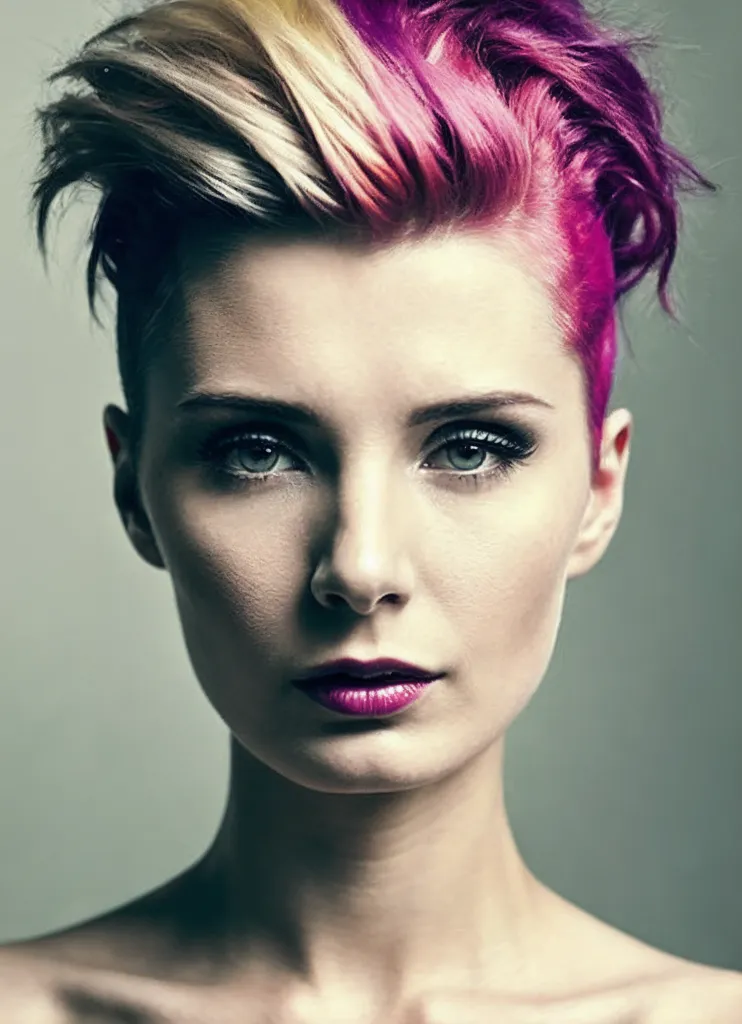 The image shows a young woman with a very short haircut. The hair on the left side of her head is white and the hair on the right side of her head is pink. She has dark eyebrows and dark purple lipstick. She is looking at the camera with a serious expression.