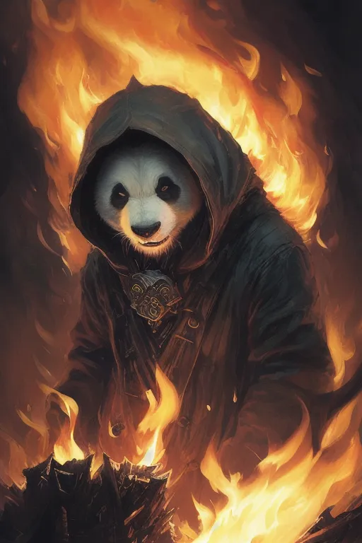 The image is a dark fantasy painting of a panda wearing a black cloak with a hood. The panda's face is partially obscured by the hood, but its eyes are visible and they are glowing red. The panda is standing in a fiery orange background. The painting is done in a realistic style and the panda's fur is rendered in great detail. The image is both menacing and beautiful and it captures the viewer's attention.