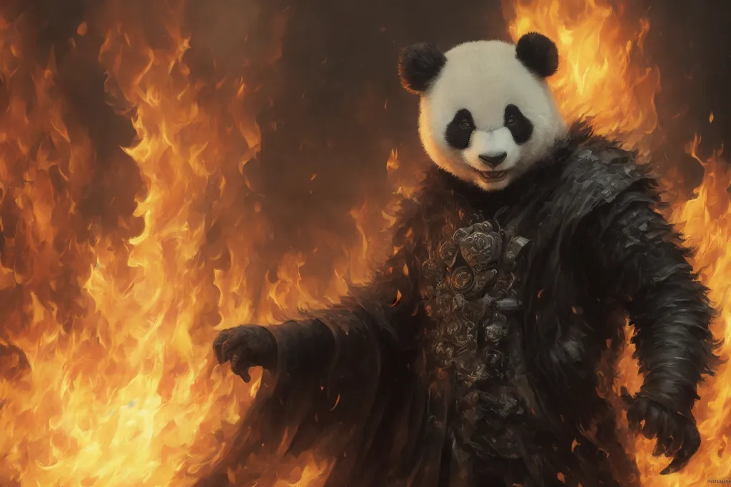 A panda wearing a suit of armor stands in front of a wall of fire. The panda is standing with one hand outstretched, and the other hand is holding a sword. The panda is wearing a helmet with a visor, and the armor has a panda face on the chest. The background is a wall of fire, and the panda is standing in front of it.