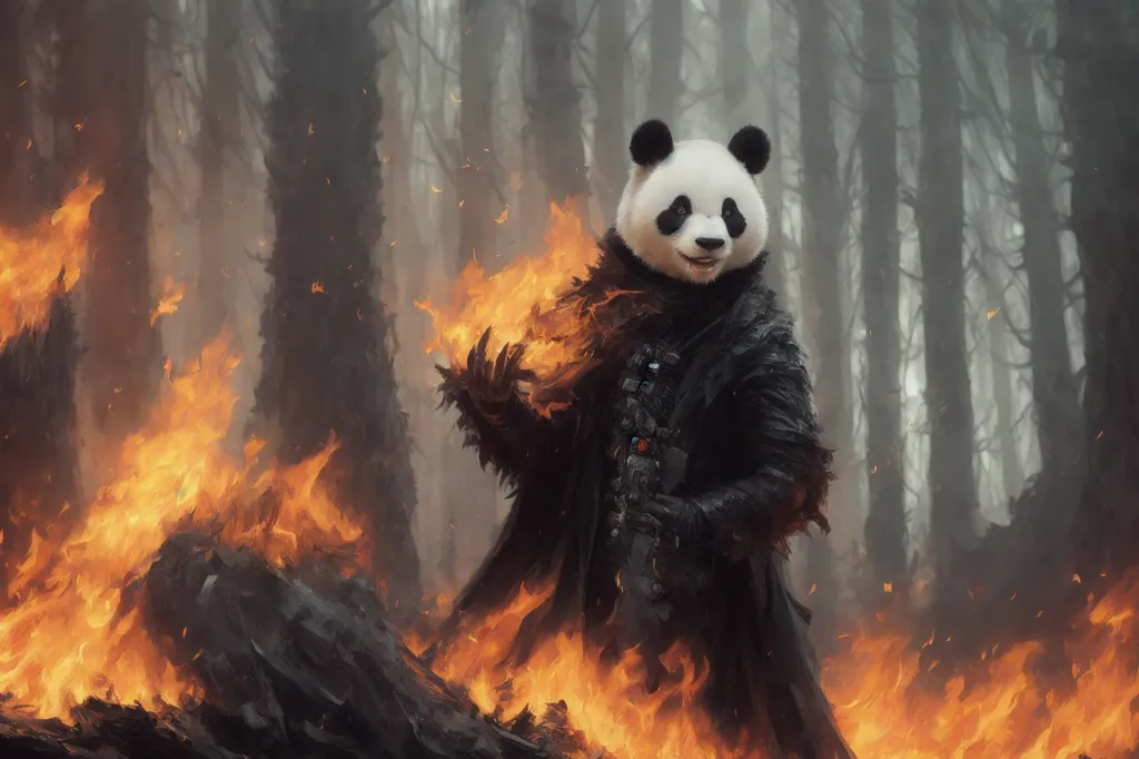 The image shows a panda wearing a black cape and a black and red shirt. It is standing in a forest, with one hand raised and the other holding a fireball. The background is a dark forest with a fire on the left side. The panda has a serious expression on its face. It is standing in a powerful pose, and it looks like it is ready to attack.