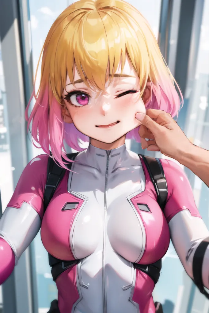 The image is of an anime-style girl with short blonde and pink hair. She has purple eyes and a blush on her face. She is wearing a white and pink bodysuit with a black belt. She is also wearing a pair of black gloves. The girl is standing in front of a white background. There is a hand pinching her cheek.