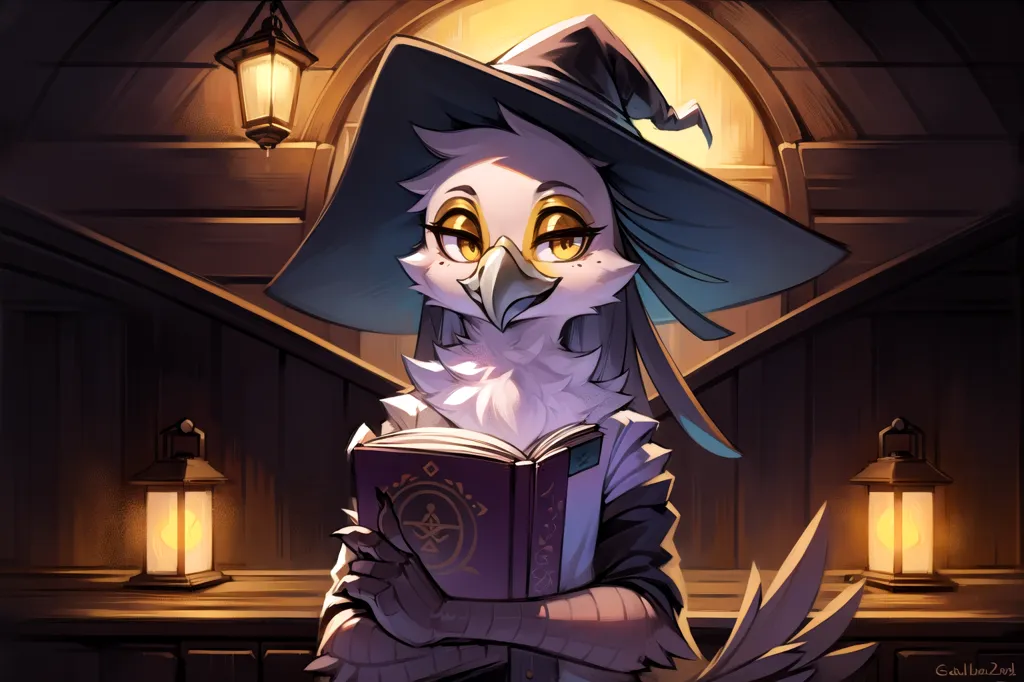 The image is of a harpy witch standing in a library. She is wearing a black robe and a tall, pointed hat. She has long, white hair and golden eyes. She is holding a book in her hands and is looking at it with a thoughtful expression. There are lanterns on either side of her and a large window behind her.