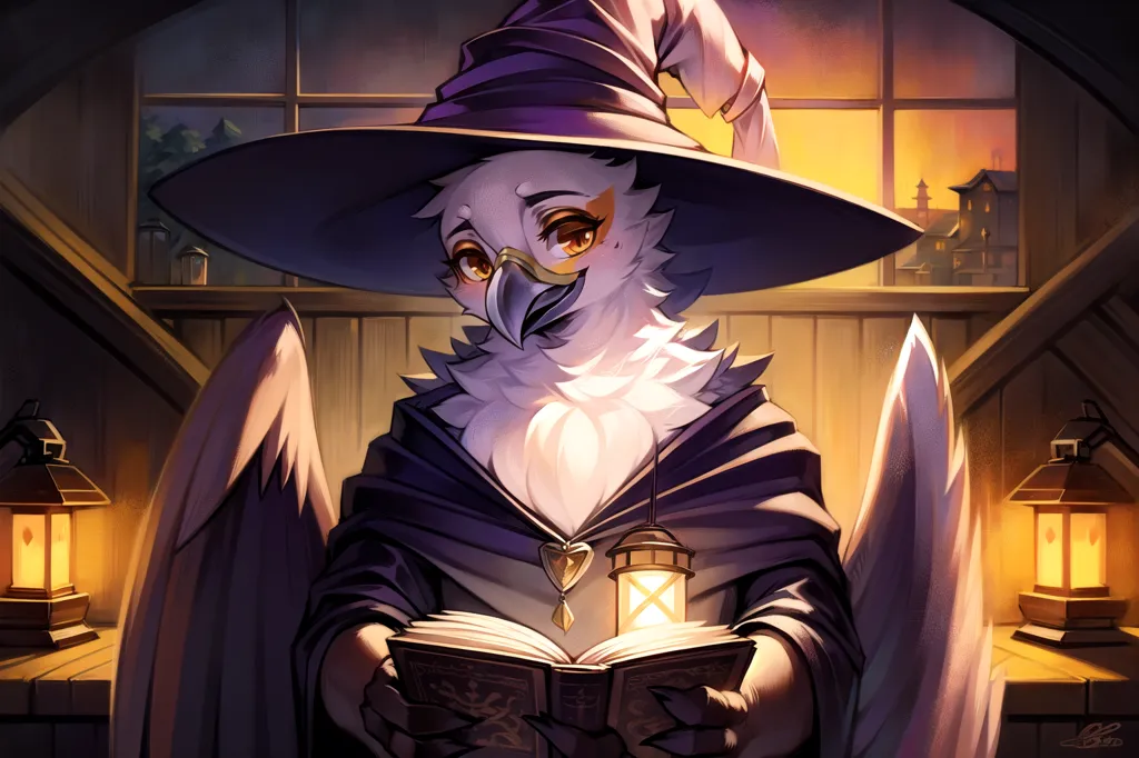 The image is of a white owl🦉 with a purple hat and purple cloak. It is sitting in a dark room, with two lanterns on either side of it. The owl is reading a book. The background is a window, with a sunset outsi