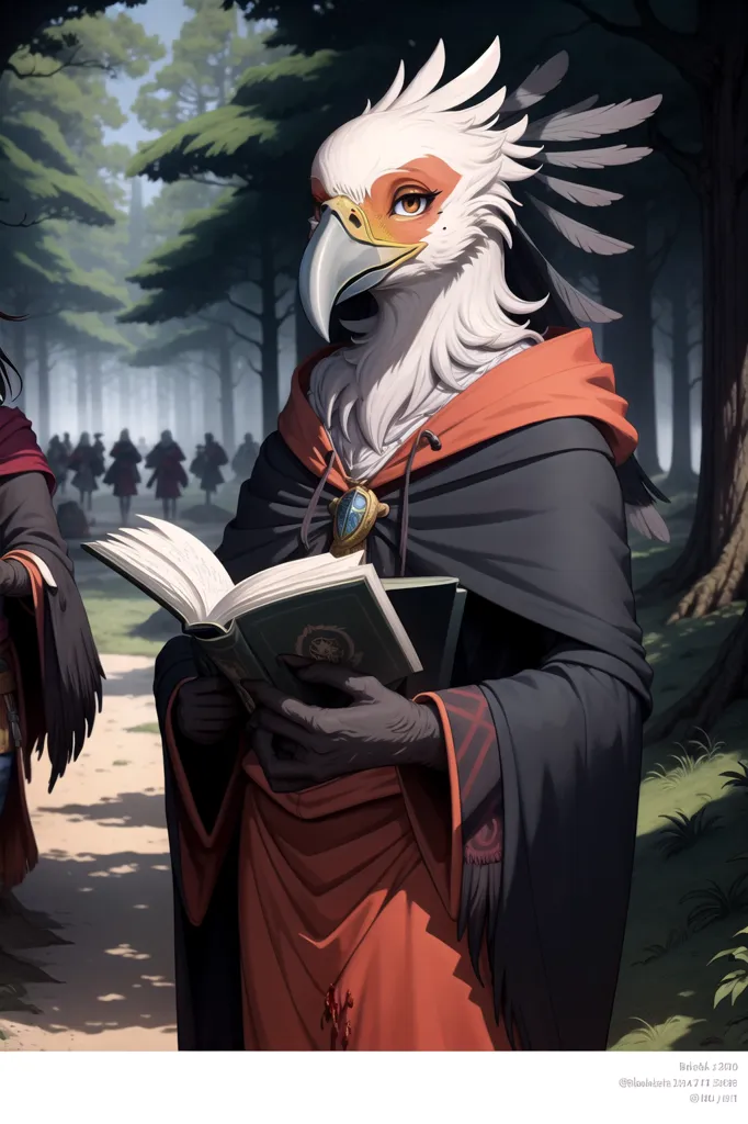 The image is of a harpy reading a book. The harpy is wearing a red and black robe with a white collar. It has a book open in its hands and is looking at the page. The harpy is standing in a forest, and there are trees in the background.