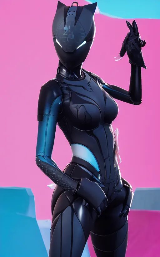 The image is of a female character wearing a black and blue catsuit-like outfit. The outfit has a high collar and a mask that covers her mouth and nose. She has cat ears on her head and a tail sticking out from the back of her waist. She is also wearing a pair of gloves and boots. The character is standing in a pink and blue background, with her left hand raised in the air.