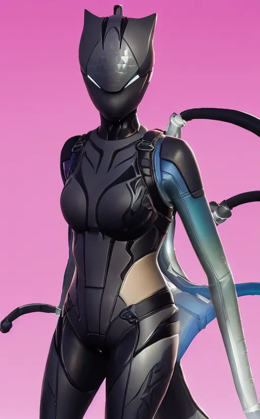 The image is of a female character wearing a black and gray catsuit with a cat-like mask and a blue and black backpack. She is standing in a fighting stance, with her right hand raised and her left hand holding a weapon. She has a determined look on her face, and her eyes are glowing blue. The background is a bright pink color.