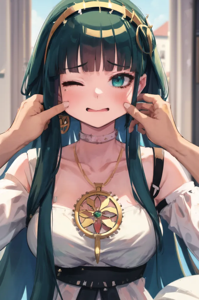 The picture shows an anime-style girl with green hair and blue eyes. She is wearing a white dress with a golden necklace and a golden tiara. She has a shy expression on her face and is winking. Someone is pulling her cheeks.