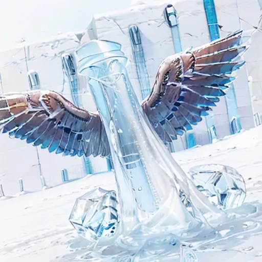 The image is of an angel made of ice and water. It has large, outstretched wings and is wearing a long, flowing gown. The angel is standing in a snowy landscape, and there are ice crystals floating in the air around it. The image is very detailed, and the artist has used a variety of techniques to create a realistic and lifelike image. The angel's wings are particularly impressive, as they are made of individual feathers that are each rendered in great detail. The image is also very atmospheric, and the artist has used a cool, blue color palette to create a sense of mystery and wonder.