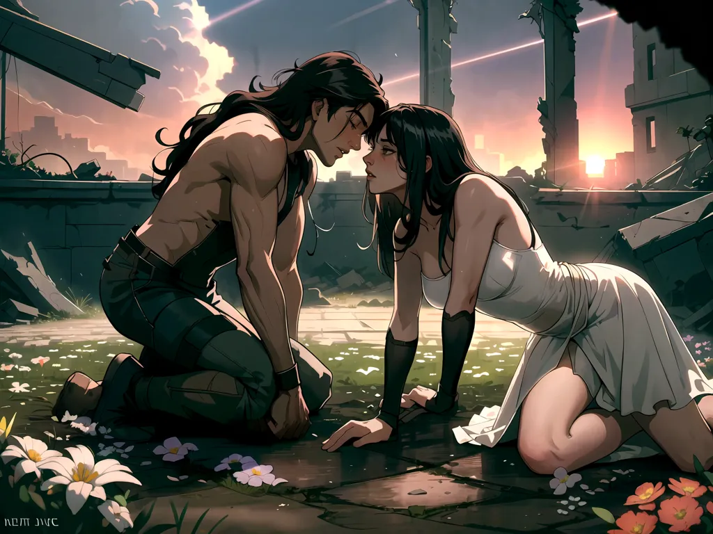 This is an image of a man and a woman, who are possibly lovers, kneeling and facing each other in a ruined city. The man is shirtless, with dark hair and green pants. The woman is wearing a white dress and has dark hair as well. The background is a ruined city with large buildings and a bright sky. There are also some flowers in the foreground. The image is post-apocalyptic and romantic.