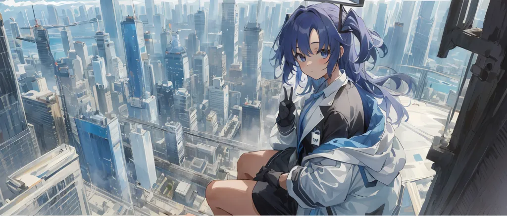 The image is a painting of a young woman sitting on a rooftop in a futuristic city. The woman is wearing a white shirt, black shorts, and a blue jacket. She has long purple hair and blue eyes. The city is full of skyscrapers and other tall buildings. The sky is blue and there are some clouds in the distance. The woman is smiling and has her hand raised in a peace sign.