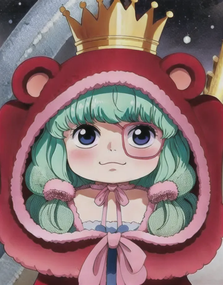 The image shows a character from the anime One Piece. It is a chibi version of the character Charlotte Linlin, also known as Big Mom. She is wearing a red and white fur coat with a hood that has bear ears. The coat is trimmed with pink fur. She is also wearing a pink dress with a white collar. She has a crown on her head. She has green hair and pink eyes. She is smiling.