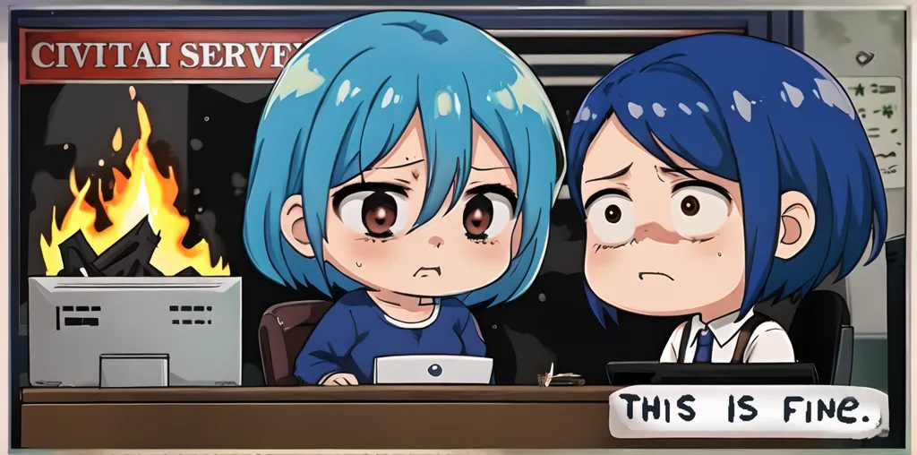 Two anime girls are sitting in front of a computer. The girl on the left has blue hair and is wearing a blue shirt. She is looking at the computer screen with a worried expression. The girl on the right has short dark blue hair and is wearing a white shirt and black tie. She is also looking at the computer screen with a worried expression. There is a fire burning in the fireplace behind them. The caption at the bottom of the image says \