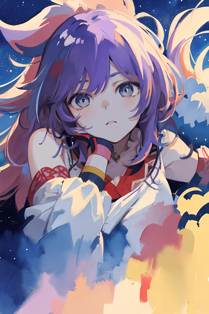 The image is of an anime-style girl with purple hair and blue eyes. She is wearing a white and red kimono with a yellow obi. She is sitting on a cloud and looking at the viewer with a slightly sad expression. The background is a starry night sky.