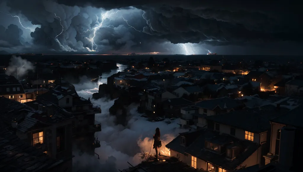 La imagen es una noche oscura y tormentosa. El cielo está negro y lleno de relámpagos. El pueblo está iluminado por los relámpagos y las luces de las casas. Las casas están en su mayoría a oscuras, pero algunas de ellas tienen las luces encendidas. Las calles están vacías. Hay una persona de pie en el techo de una de las casas. La persona lleva un vestido largo y sostiene una vela. La persona está mirando la tormenta.