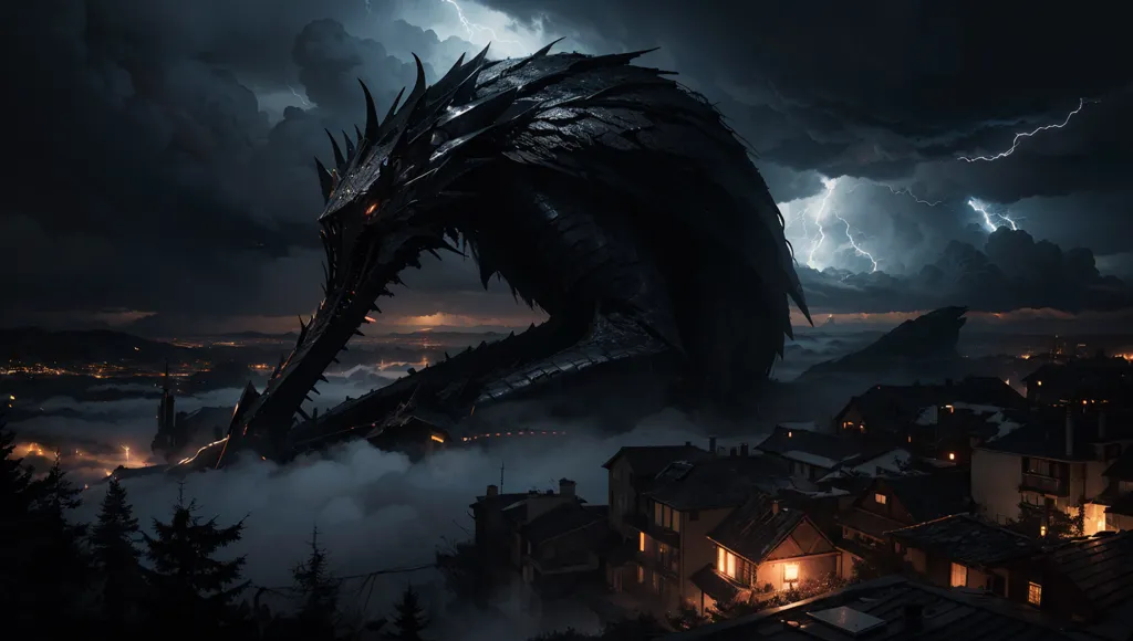 La imagen es un paisaje de fantasía oscura. El cielo está tormentoso y hay un gran dragón negro volando sobre un pueblo. El dragón es largo y serpentino, con un caparazón con púas y alas grandes. Está volando a baja altura sobre el pueblo, y su sombra cubre los edificios. La gente del pueblo está aterrorizada, y algunos de ellos están huyendo. El dragón está escupiendo fuego, y las llamas están destruyendo los edificios. La imagen está llena de tensión y emoción, y captura la sensación de miedo y peligro que acompaña a un ataque de dragón.