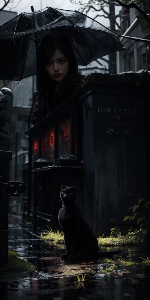 The image is a dark and rainy street with a black cat in the foreground and a woman holding an umbrella in the background. The woman is wearing a black coat and a black hat, and her face is obscured by the umbrella. The cat is sitting on the ground, looking up at the woman. The street is lit by a few streetlights, and the rain is reflecting the light. The image is full of mystery and atmosphere.