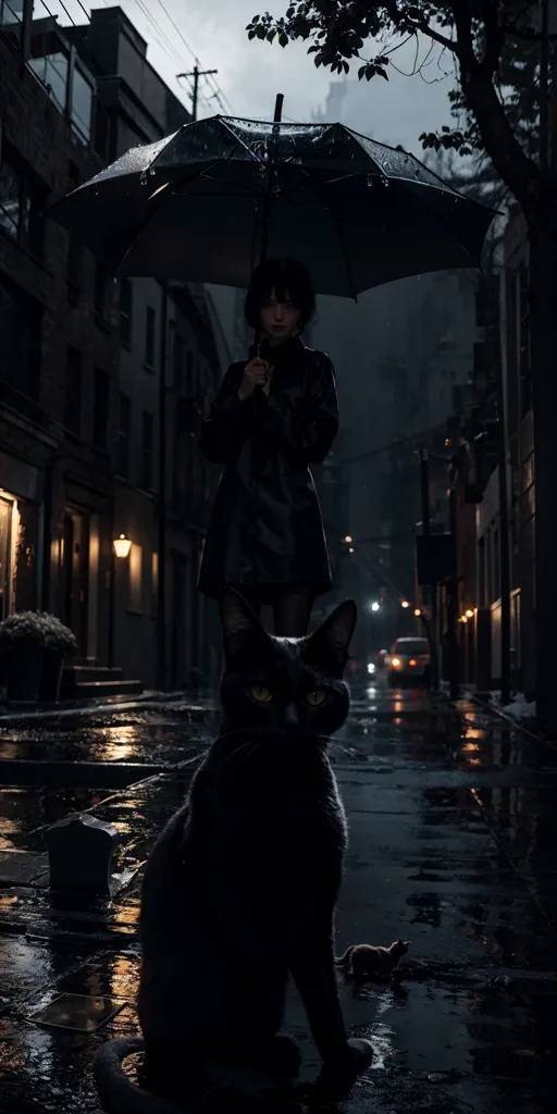 A imagem é uma rua escura e chuvosa. Uma mulher de casaco e chapéu pretos está caminhando pela rua, segurando um guarda-chuva preto. Ela tem um gato preto com ela. A rua é iluminada por algumas luminárias. A única outra luz vem das janelas dos edifícios. A imagem está cheia de mistério e atmosfera. Não está claro para onde a mulher está indo ou o que ela está fazendo. O gato adiciona uma sensação de desconforto à imagem. A chuva está caindo pesadamente, e as roupas da mulher estão encharcadas. Seu cabelo está grudado na cabeça, e seu rosto está pálido e abatido. Ela parece estar com pressa, mas também parece perdida e sozinha. A imagem está cheia de contrastes. A rua escura e chuvosa está em forte contraste com o guarda-chuva vermelho brilhante da mulher. O rosto pálido da mulher está em forte contraste com suas roupas escuras. A imagem também está cheia de simbolismo. O gato preto é frequentemente associado à bruxaria e ao mistério. A chuva é frequentemente associada à tristeza e ao desespero. A imagem como um todo pode ser vista como uma metáfora da condição humana. A mulher está perdida e sozinha em um mundo escuro e chuvoso. Ela está tentando encontrar seu caminho, mas não tem certeza de para onde está indo. A imagem é um lembrete de que, mesmo nos momentos mais sombrios,