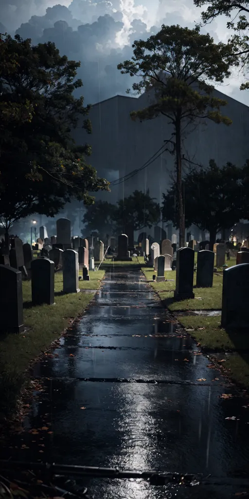 Un chemin bordé d'arbres dans un cimetière. Le chemin est mouillé par la pluie, et les pierres tombales sont enveloppées dans le brouillard. Le ciel est sombre et nuageux, et l'atmosphère est empreinte de morosité et de tristesse.