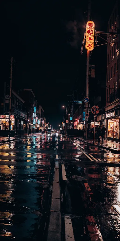 A imagem é uma rua longa e estreita com uma fileira de edifícios de cada lado. A rua está molhada pela chuva, e os reflexos das luzes dos edifícios brilham na superfície da água. A rua está vazia, exceto por algumas pessoas caminhando ao longe. A única luz vem dos postes de iluminação e das luzes dos edifícios. A imagem está em cores suaves, com os azuis e roxos do céu noturno dominando. O efeito geral é de paz e tranquilidade.